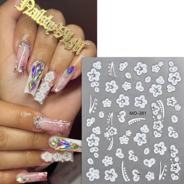 Nail Art Stickers - 3D White Flowers (MO-281) - Image 2