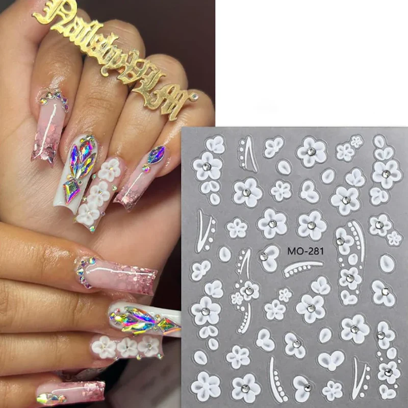 Nail Art Stickers - 3D White Flowers (MO-281) - Image 2